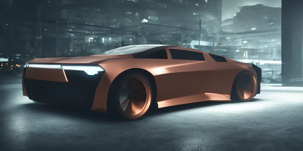 Image similar to a design of a futuristic DMC Delorian, designed by Polestar, blade runner background, back view, light copper car paint, black windows, sportscar, black show room, dramatic lighting, octane rendering, unreal engine rendering, hyper realistic render, depth of field, octane rendering