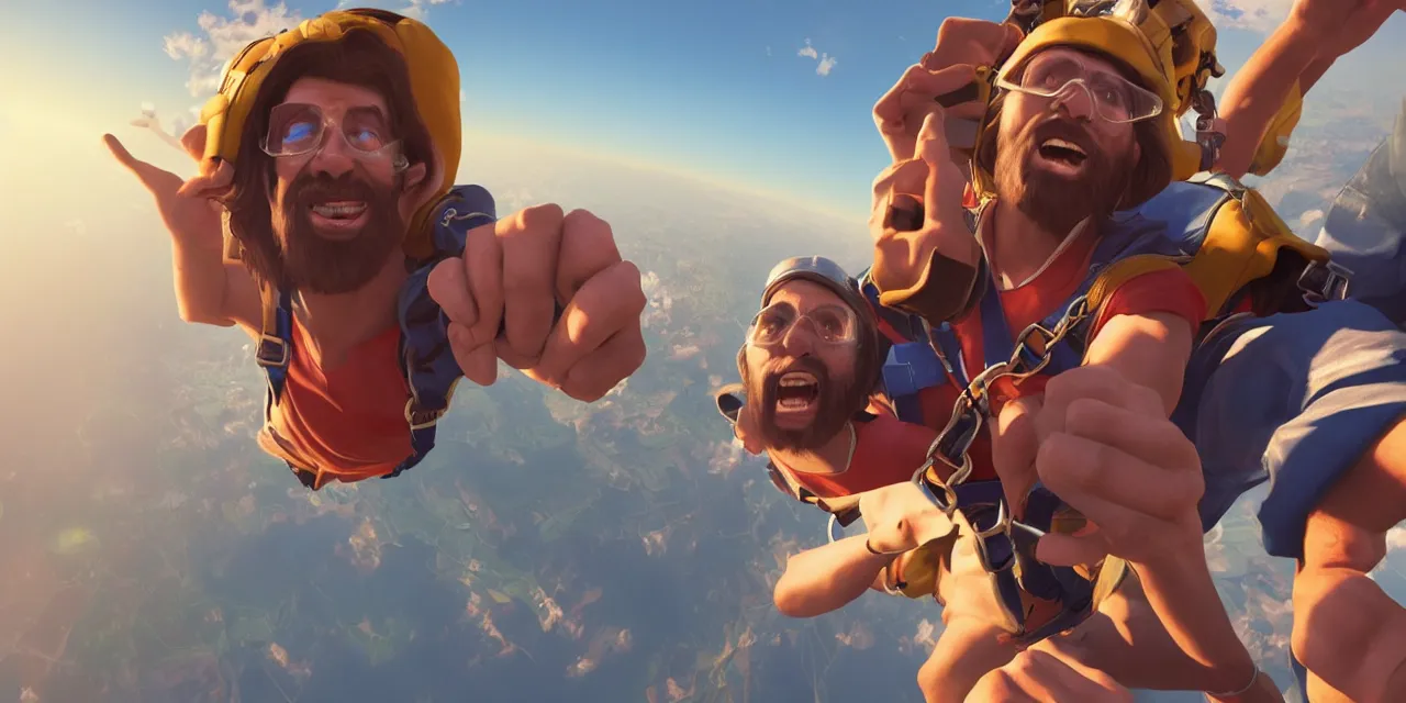 Image similar to Jesus taking a selfie while skydiving, pixar artstyle, hyperdetailed, artstation, accurate, octane render, 8k