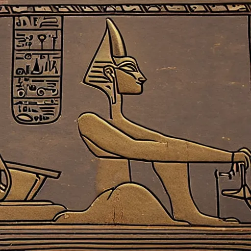 Prompt: Egyptian deity Anubis doing his taxes on a laptop, ancient carving, historic art, archeology, well preserved, high quality photo