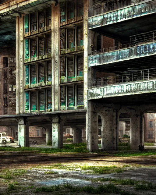 Image similar to a beautiful detailed render of industrial architecture building parking garage urbex abandoned city nature architecture unfinished building by camille pissarro, bioshock otherworldly, archdaily, wallpaper, highly detailed, trending on artstation.