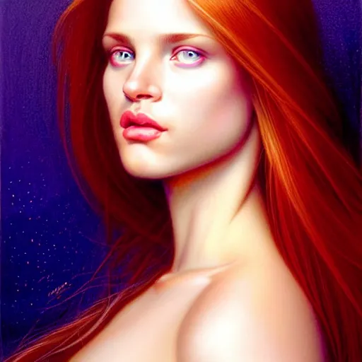 Prompt: Facial portrait of a gorgeous girl, looking away from the camera, seductive smile, sparkle in eyes, lips slightly parted, long flowing hair, no hands visible, delicate, teasing, arrogant, defiant, bored, mysterious, intricate, extremely detailed painting by Mark Brooks and by Greg Rutkowski and by Moebius!!, vibrant colors, studio lighting