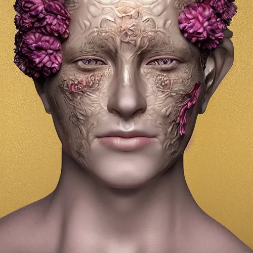 Image similar to beatifull face portrait of a woman, 150 mm, anatomical, flesh, flowers, mandelbrot fractal, facial muscles, veins, arteries, intricate, golden ratio, full frame, microscopic, elegant, highly detailed, ornate, ornament, sculpture, elegant , luxury, beautifully lit, ray trace, unreal, 3d, PBR, in the style of peter Gric , alex grey and Romero Ressendi