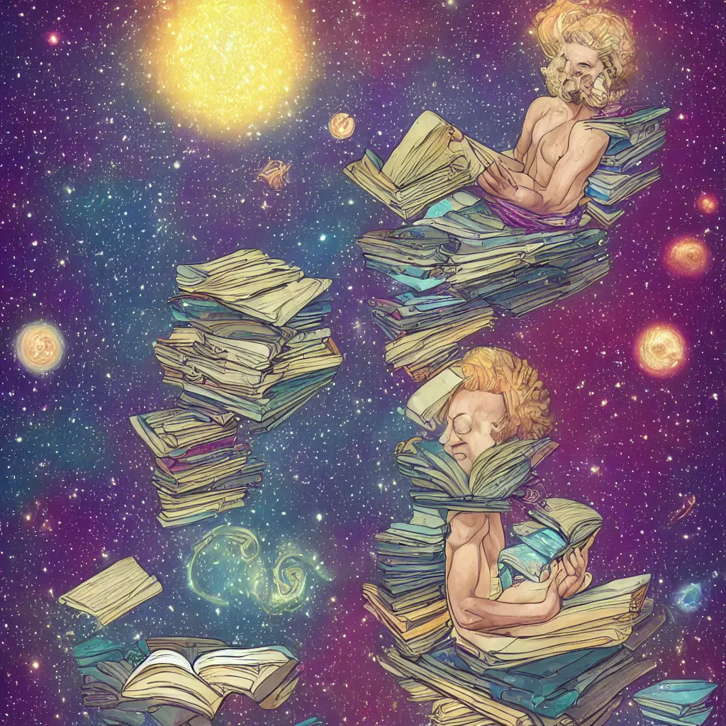 Prompt: Digital art of a cosmic being reading books containing knowledge of the universe