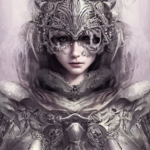 Image similar to A masterpiece ultrarealistic ultradetailed portrait of a Incredibly beautiful angel druid armored princess knight-ghost with Skull Iron mask. baroque renaissance girl in the night forest. medium shot, intricate, elegant, highly detailed. trending on artstation, digital art, by Stanley Artgerm Lau, WLOP, Rossdraws, James Jean, Andrei Riabovitchev, Marc Simonetti, Yoshitaka Amano. background by James Jean and Gustav Klimt, light by Julie Bell, 4k, porcelain skin.
