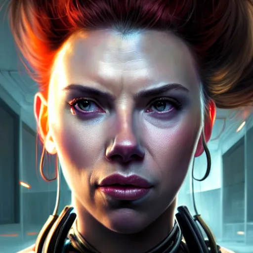 Image similar to portrait painting of a cyberpunk orc doctor extremely muscular ugly scarlett johansson with misshapen teeth, ultra realistic, concept art, intricate details, eerie, highly detailed, photorealistic, octane render, 8 k, unreal engine. art by artgerm and greg rutkowski and charlie bowater and magali villeneuve and alphonse mucha