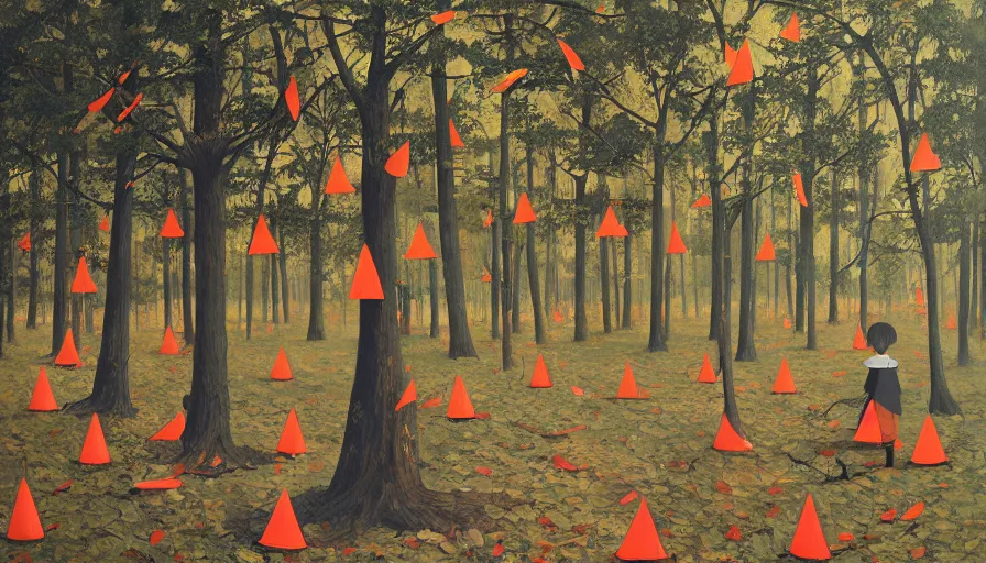 Image similar to safety cones scattered around an oak tree forest, by james jean by ilya kuvshinov kintsugi, hyper detailed surrealist painting, beautiful lighting