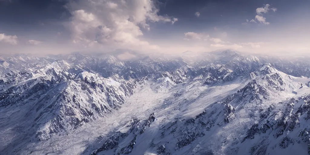 Prompt: Endless snowy mountain range, Marcin Rubinkowski, Lorenzo Lanfranconi, trending on Artstation, ultra wide angle