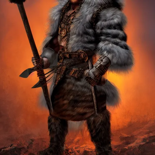 Image similar to a dnd barbarian wearing a fur coat, shoulder armor and holding an axe, high resolution film still, 4k, HDR color