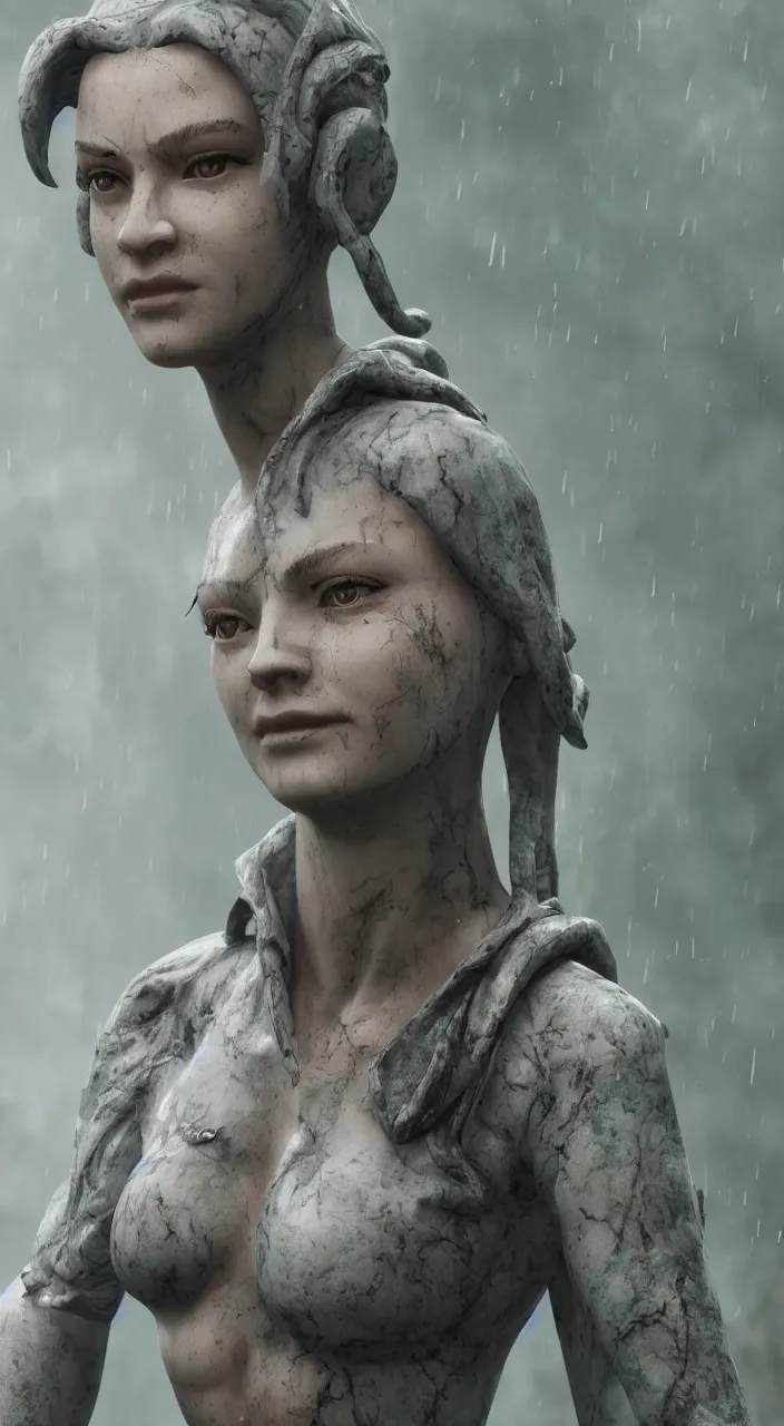 Prompt: marble statue of judy from cyberpunk 2 0 7 7, moss, foggy forest, rain, raindrops, 4 k, photorealistic