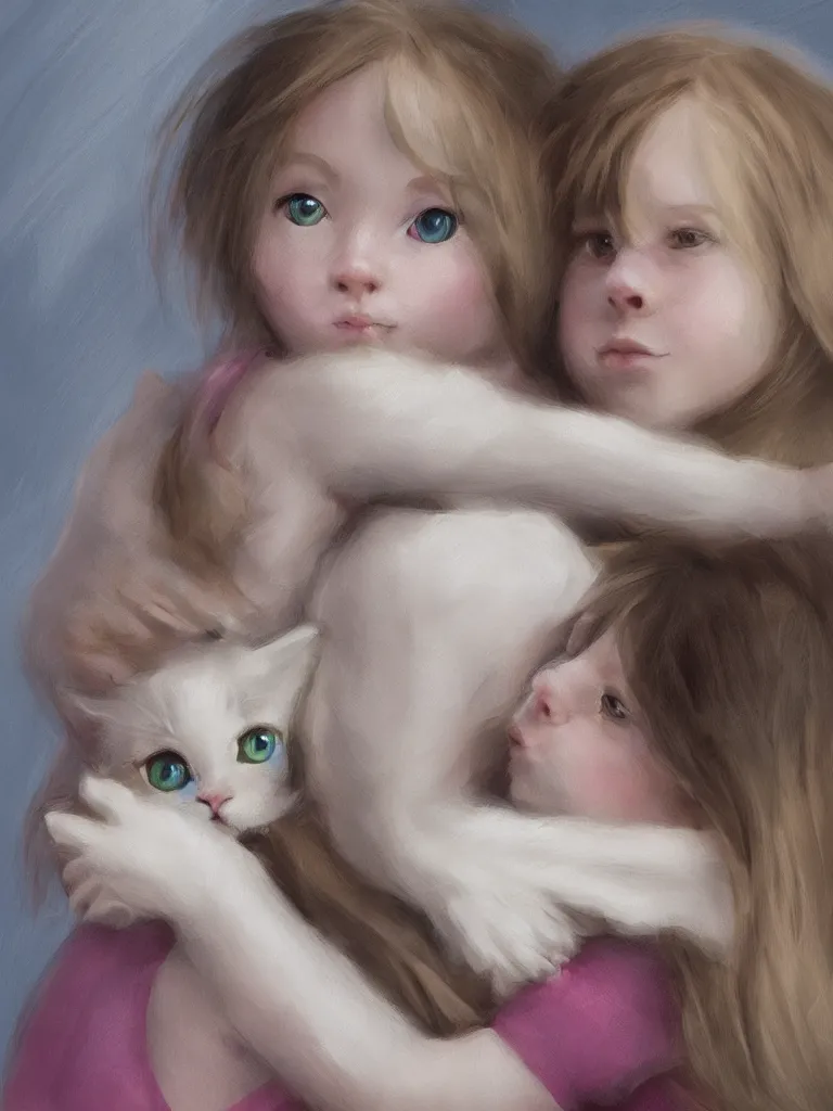 Prompt: girl hugging kitten by disney concept artists, blunt borders, rule of thirds