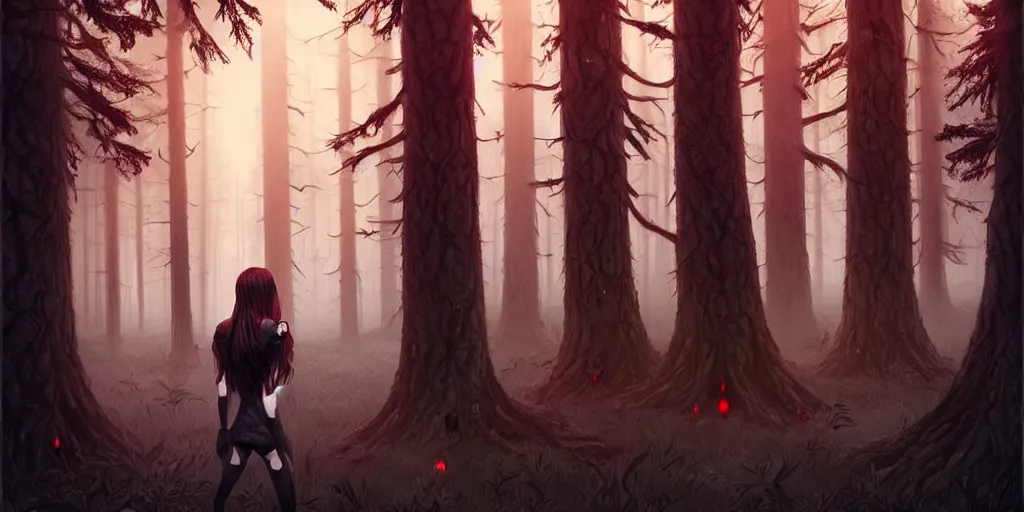 Image similar to surrounded by trees, realistic character concept, gorgeous Kacey Rohl, red hair, small freckles, symmetrical face, symmetrical eyes, full body, covered in blood, dark forest, Wendigo in background, trees, shorter neck, cinematic lighting, Joshua Middleton and artgerm, fear anxiety terror