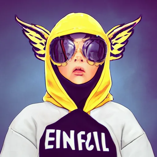 Image similar to baby Angel, baby cherub,wearing angel, face covered, Gucci, x logo, cross, Chanel, halo, ski mask, balaclava, face covered, wearing angel halo covered face, orange hoodie, hip hop, multiple golden necklaces, fantasy art apex fortnite Video game icon, 2d game art gta5 cover , official fanart behance hd artstation by Jesper Ejsing, by RHADS, Makoto Shinkai and Lois van baarle, ilya kuvshinov, rossdraws