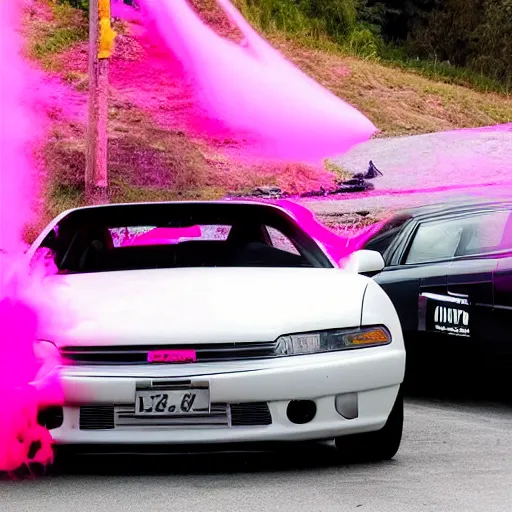 Prompt: best car ever breaks time barrier shoots pink goo from exhaust