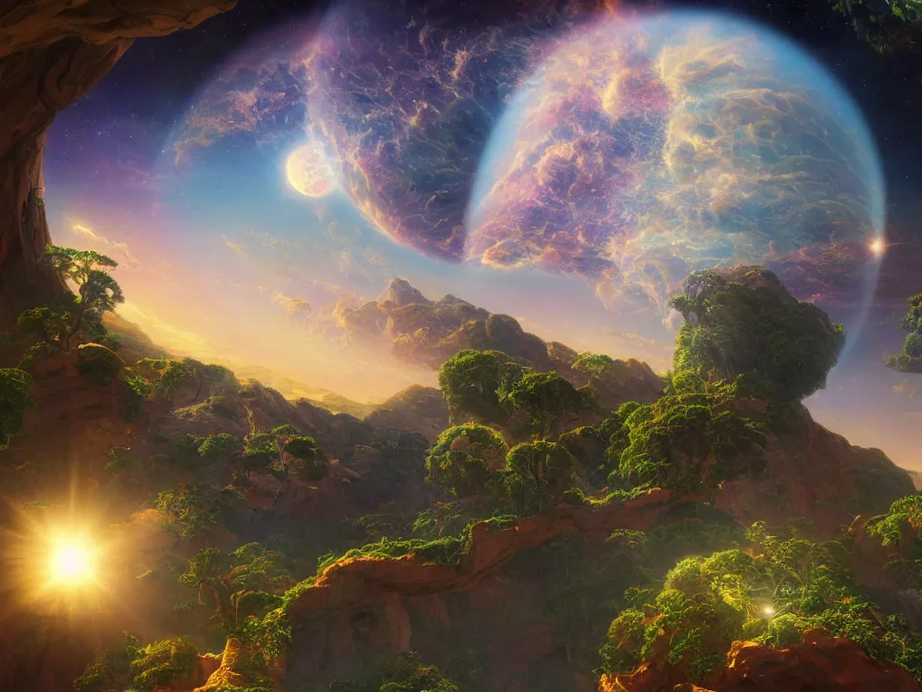 Prompt: The universe is a spheroid region 705 meters in diameter, 3d render, Sunlight Study, by Thomas Cole and ((((Lisa Frank)))), Art Nouveau, 8k, extreme detail, sharp focus, octane render