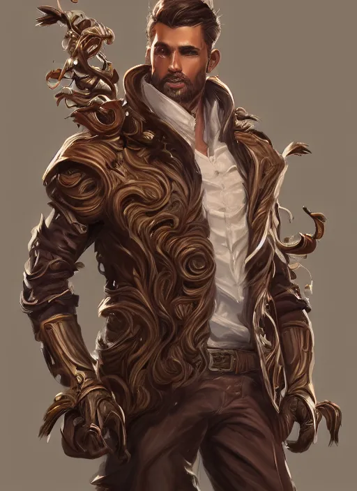 Image similar to a highly detailed illustration of thick wavy brown haired young white guy wearing brown coat and face mask, extra mechanical arms on his back, dramatic hands in pocket standing pose, intricate, elegant, highly detailed, centered, digital painting, artstation, concept art, smooth, sharp focus, league of legends concept art, WLOP