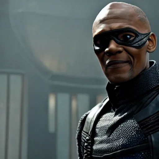 Image similar to film still of Tom Hiddleston as Nick Fury with leather patch over one eye in Avengers