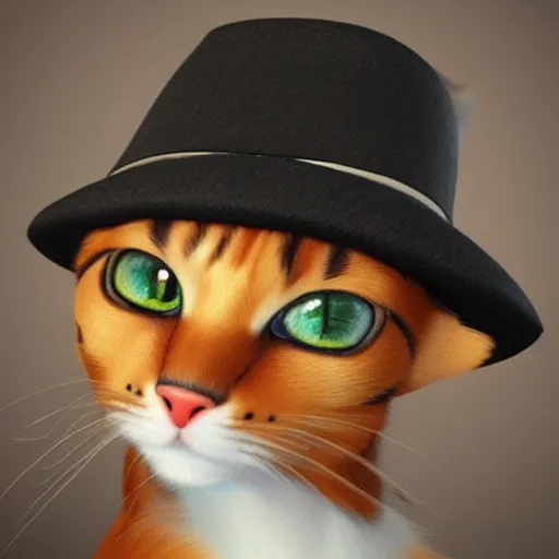 Image similar to a cute calico cat in a hat, artstation, cgsociety