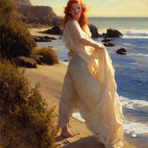Image similar to detailed cinematic shot of jessica chastain with white clothes in the mediterranean beach, spring light, painting by gaston bussiere, craig mullins, j. c. leyendecker