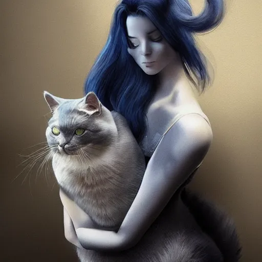 Prompt: A beautiful woman with short blue hair holding a grey and white cat, full body by Cedric Peyravernay, highly detailed, excellent composition, dramatic lighting, trending on ArtStation