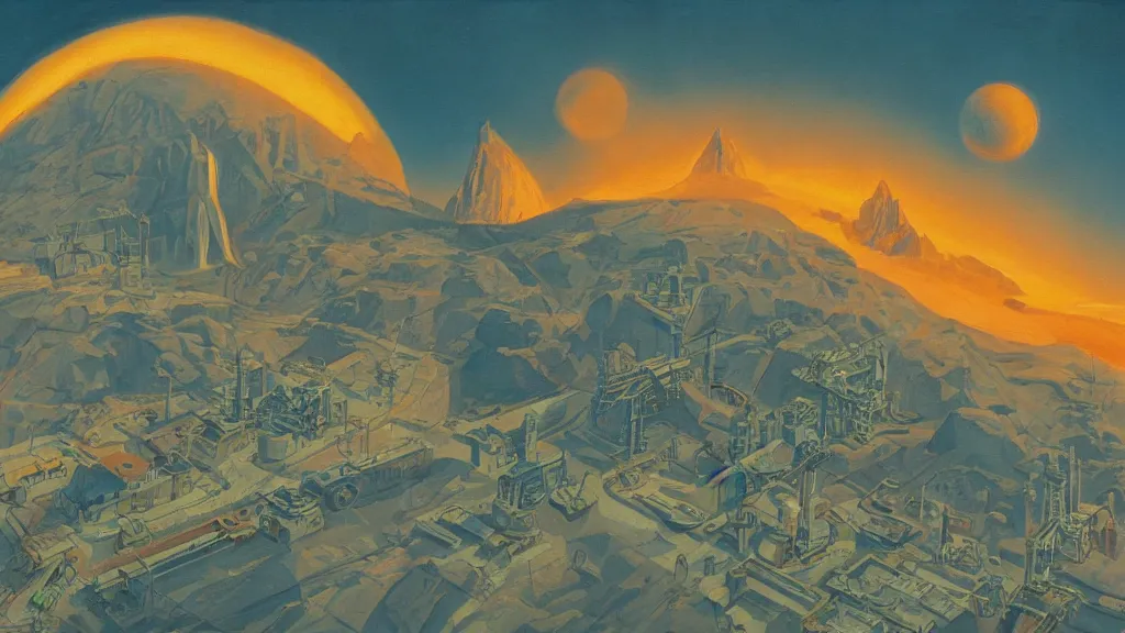 Image similar to a painting in the style of chesley bonestell and in the style of francois schuiten.