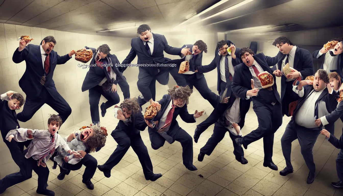 Prompt: disheveled children and and obese men in suits fighting in a squalid subway over half eaten fast food, hyper realistic photo, full colour, upscale, 8 k