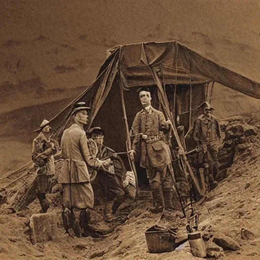 Prompt: ultra detailed photorealistic sepia - toned photograph from 1 9 1 7, a british officer in field gear standing at an archaeological dig site at petra, ultra realistic, painted, intricate details, lovecraft, atmospheric, dark, horror, brooding, highly detailed, by angus mcbride