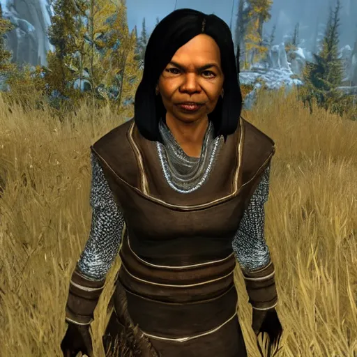 Prompt: Condoleezza Rice in Skyrim, game screenshot