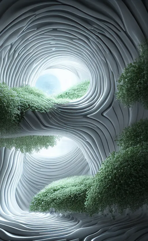 Image similar to highly detailed ultra sharp 3 d render cinematic composition of a smooth white ceramic porcelain magnolia stone white fluid fractal sci - fi surreal architecture landscape, marble, magnesium, silver, foliage, archviz, vincent callebaut composition, mamou - mani, beautiful lighting, 8 k, unreal engine, hdr, dof