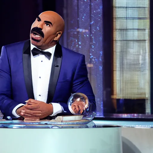 Prompt: A large glass sphere containing Steve Harvey, looking angry and disgruntled very mad snarling rageful