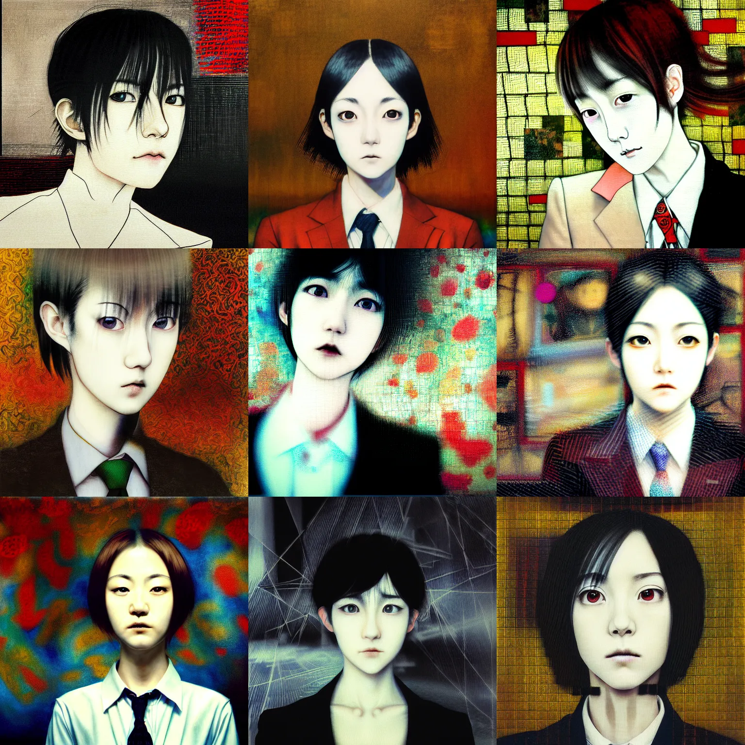 Image similar to yoshitaka amano blurred and dreamy realistic three quarter angle portrait of a young woman with short hair and black eyes wearing office suit with tie, junji ito abstract patterns in the background, satoshi kon anime, noisy film grain effect, highly detailed, renaissance oil painting, weird portrait angle, blurred lost edges