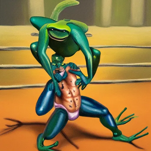 Image similar to a muscular anthro frog character suplexing an anthro toad character in a makeshift wrestling ring, dynamic, oil painting, cartoon, very detailed