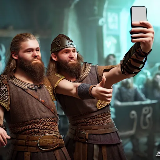 Image similar to Two viking brothers taking a selfie in a crowded tavern, dof, Unreal Engine 5, intricately detailed, 8k