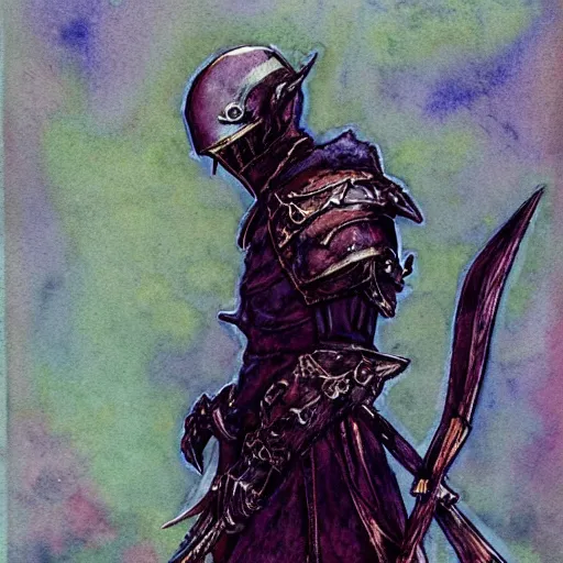 Prompt: watercolor, final fantasy tactics character design, dark souls, wearing plate armor, wearing helmet, faceless, character portrait, evil, shrouded, artwork by harry clarke