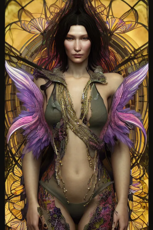 Prompt: a very beautiful highly detailed hyperrealistic 8 k render of bella hadid as dark psychedelic seraphim in alphonse mucha style trending on artstation made in unreal engine 4