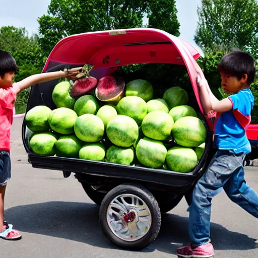 Image similar to a tricycle full of watermelons, an asian boy fell asleep in the car, summer