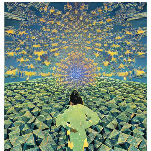 Prompt: quantum crystalization of your broken shattered perception reality fractalizing mandelbrot reality hyperrealism by victo ngai