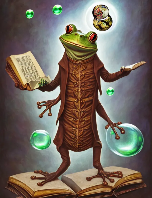 Prompt: anthropomorphic bipedal frog that is dressed as a medieval librarian, and holding a giant book in his hand, as a matte oil painting and d & d character art, by alex grey, standing, fullbody, floating bubbles, long white beard, concept art, award - winning, extremely detailed, sharp focus