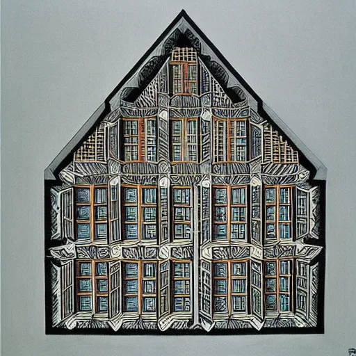 Image similar to impossible penrose house by M.C. Escher, painting with intricate details