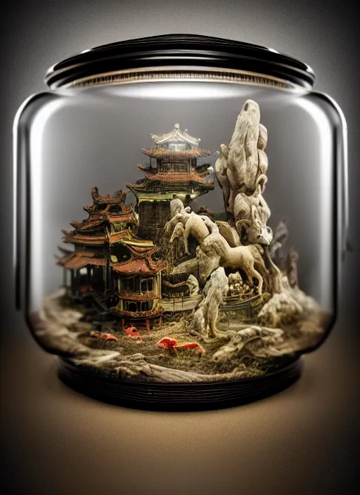 Image similar to enclosed ecosystem of ancient chinese myth lifeforms, animals, creatures, human, monster, delicious, vintage movie camera, in a jar, museum, frostbite 3 engine, portrait, 8 k post - processing, highly detailed