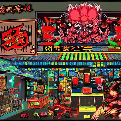 Image similar to grimey japanese retro arcade filled with satanic arcade cabinets, occult video games, 9 0's gaming, satanic portals, digital art, trending on art station