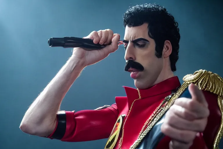 Image similar to promotional image of Sacha Baron Cohen as Freddie Mercury in 'Bohemian Rhapsody' (2018) directed by Dexter Fletcher, detailed face, movie still frame, promotional image, imax 70 mm footage