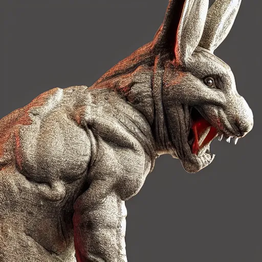 Image similar to a realistic renaissance sculpture of a very scary bunny with sharp teeth made by michelangelo, standing in times square, 3 d render, hyper detailed, sharp focus, 8 k resolution