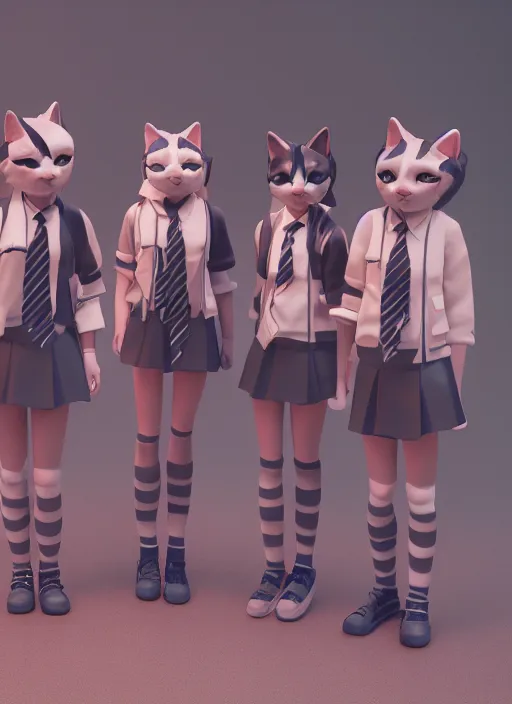 Image similar to schoolgirls selling plastic cats, photorealistic, canon r 3, symmetry, octane render, unreal engine, dramatic lights