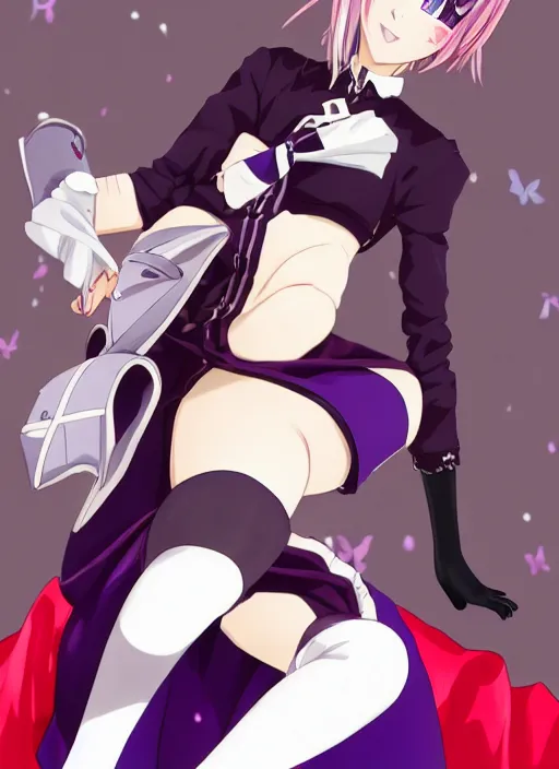 Image similar to anime, genshin impact, a female sitting while her legs are pointing to the sky, she's wearing a very high leather boots with a much longer royal white socks, wearing a red matte long sleeves that are very loose at each end, she's wearing a very short dark matte violet skirt, golden jewelries, pointy bunny ears, 4 white tails with a red him at each end, very detailed beautiful face, smiling seductively, trending on Artstation, art by ZeargeanT