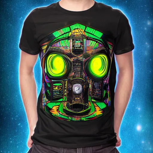 Prompt: black tshirt with a hyperdetailed portrait of a trippy diesel punk robot, 8 k, symetrical, flourescent colors, multicolored,