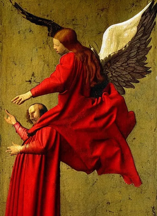 Image similar to Flying Fallen Angel with wings dressed in red, Medieval painting by Jan van Eyck, Johannes Vermeer, Florence