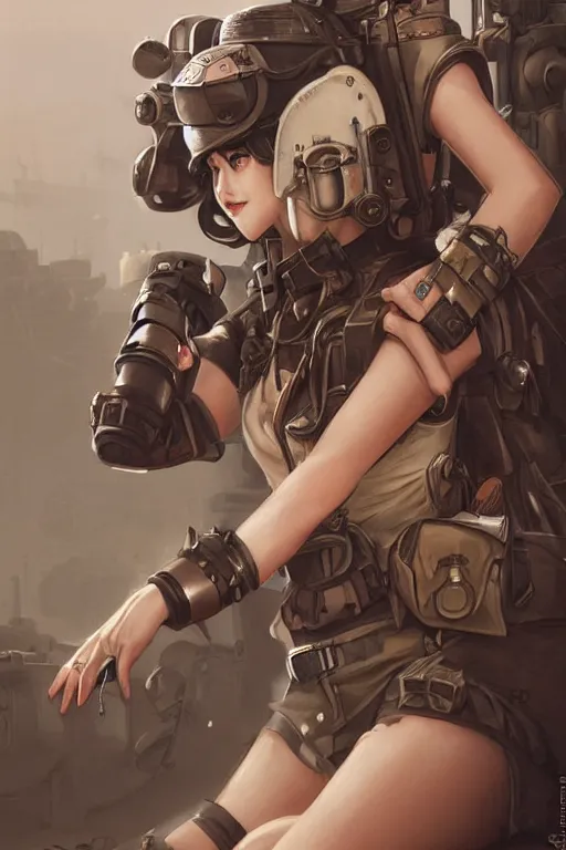Image similar to dieselpunk blackpink jisoo as soldier girl, helmet, portrait, desert, armored, highly detailed, face detail, sharp focus, art, illustrations by rossdraws and ayanamikodon and wlop and irakli nadar and loish