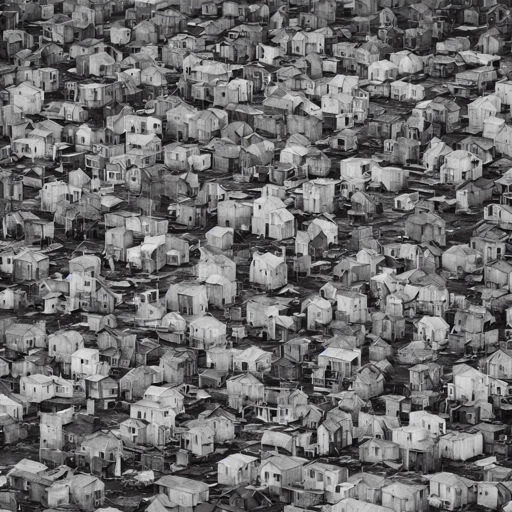 Prompt: towers made up of colourful makeshift squatter shacks, bleached colours, moody cloudy sky, dystopia, mamiya, very detailed, photographed by ansel adams