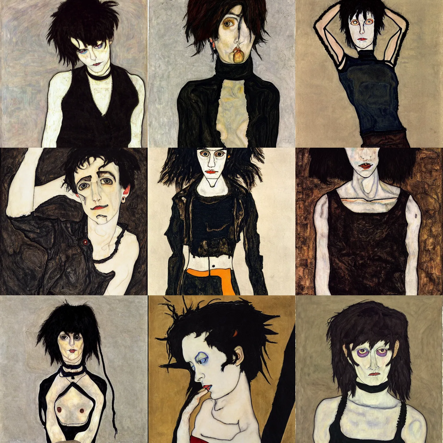 Prompt: an emo painted by egon schiele. her hair is dark brown and cut into a short, messy pixie cut. she has large entirely - black evil eyes. she is wearing a black tank top, a black leather jacket, a black knee - length skirt, a black choker, and black leather boots.