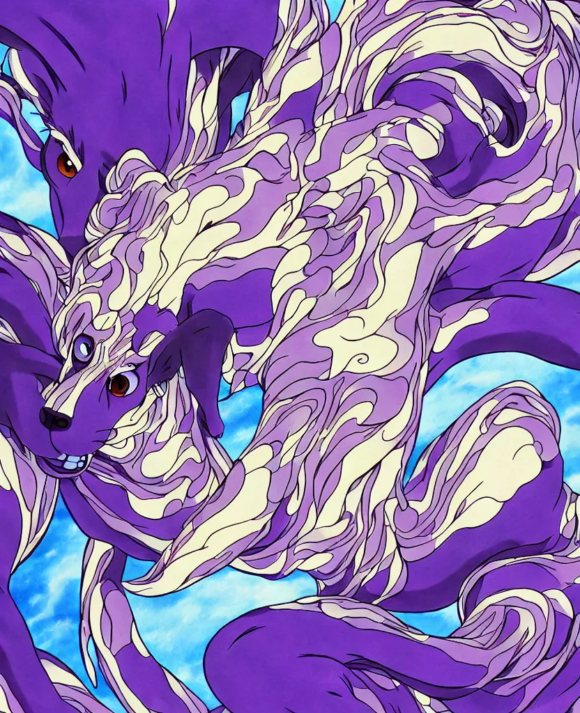 Image similar to beautiful painting from the anime film by studio ghibli, purple dogs twisted and twirling, cell shading, manga